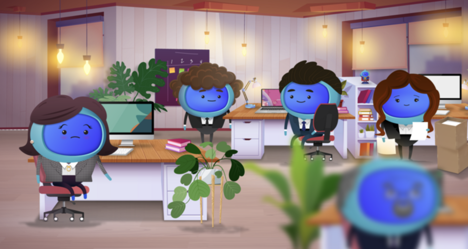 iAM Learning style avatars representing employees in an office.